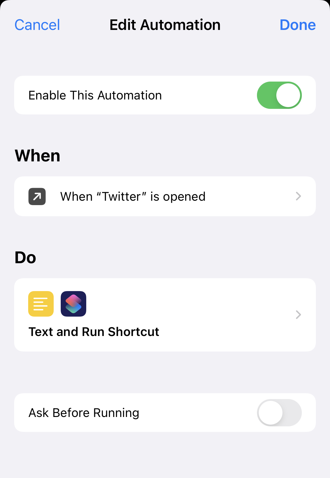Screenshot of shortcut automation setup in iOS