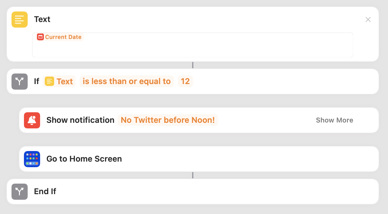 Screenshot of an iOS shortcut implementation that will prevent app usage before noon
