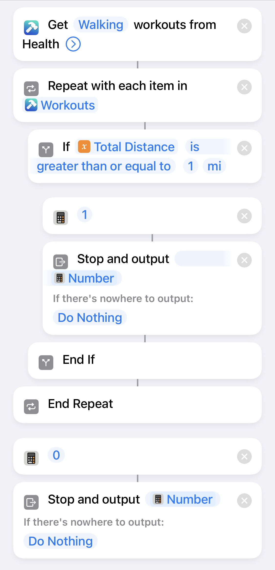 Screenshot of an iOS shortcut implementation that will check if a 1-mile walk has been completed