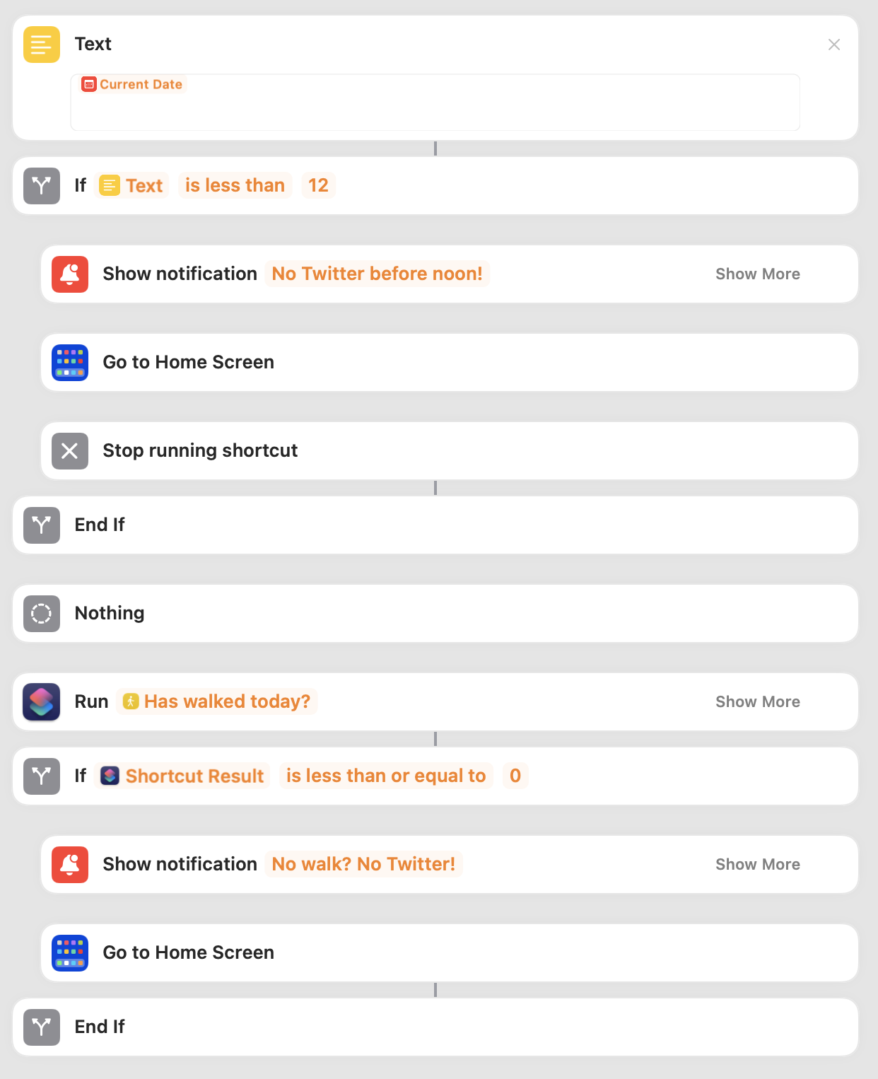 Screenshot of an iOS shortcut implementation that will prevent app usage before noon and before a 1 mile walk has been completed